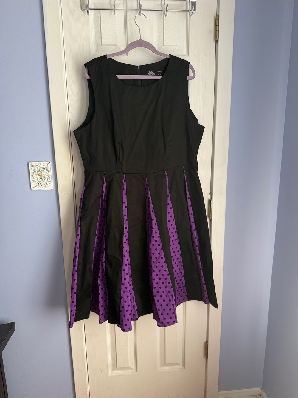 Sleeveless Black Dress with Purple Polka Dot Panel Skirt